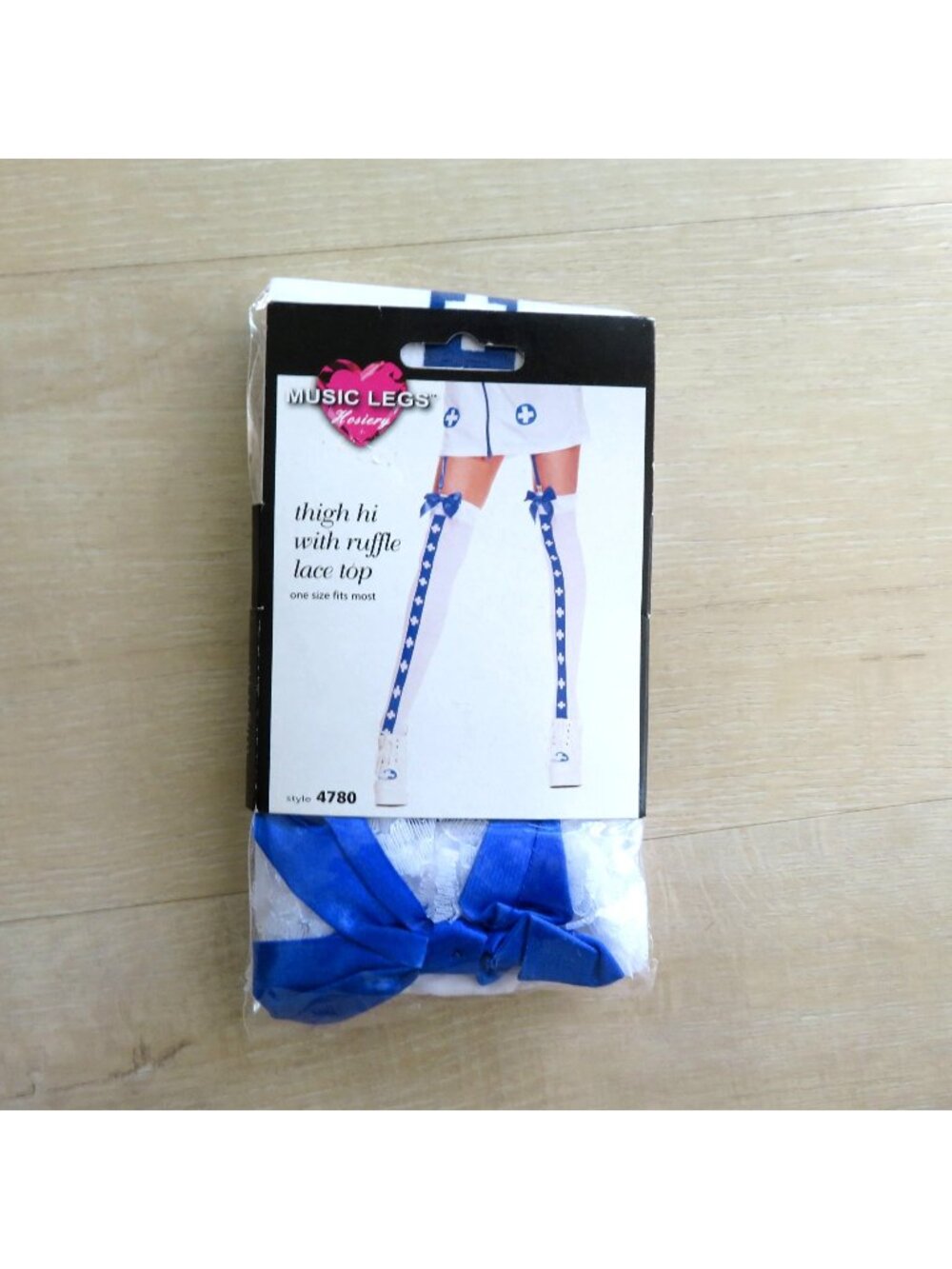 Music Legs Thigh Hi Hosiery Ruffle Lace Top Cross Design Satin Bow One Size Fits